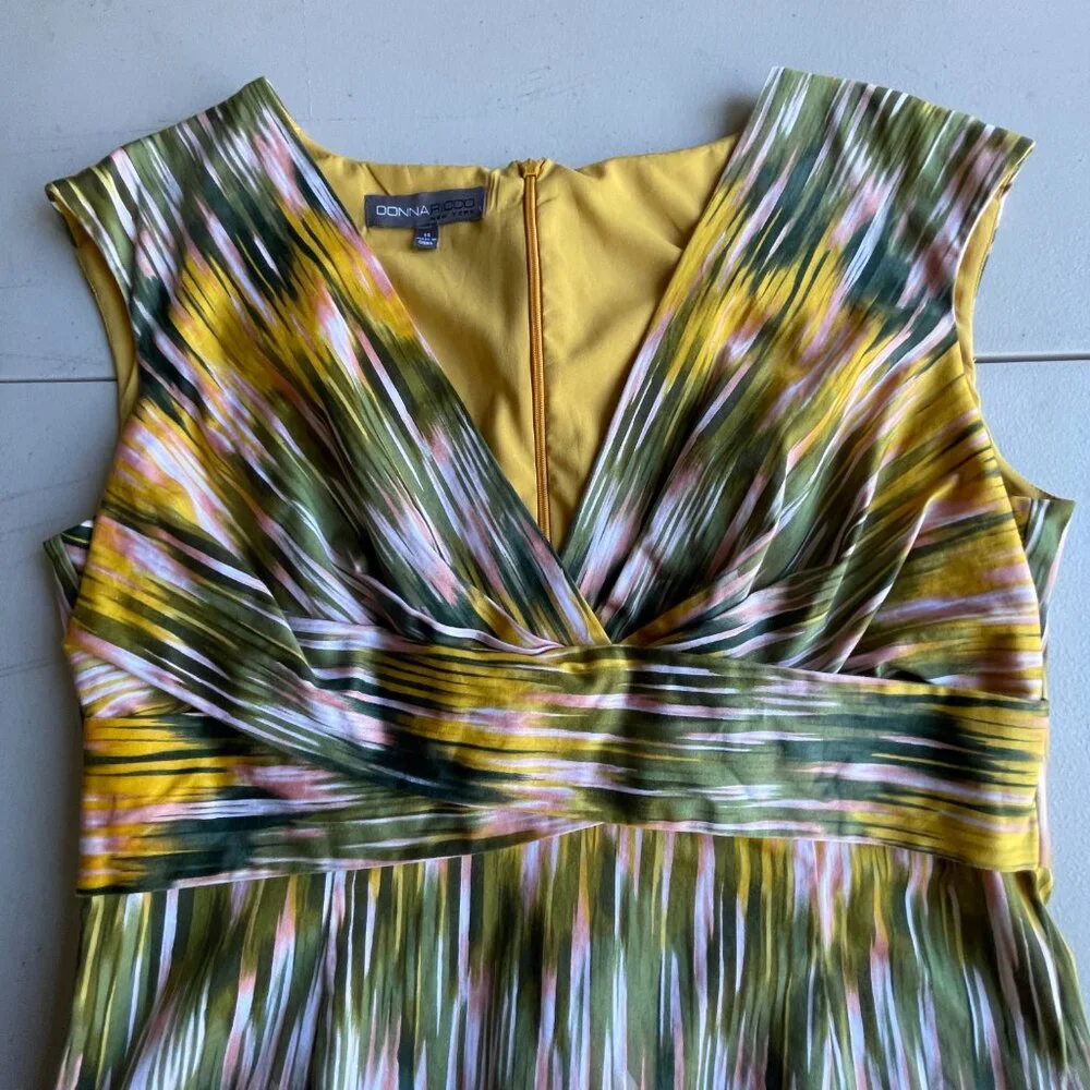 Ikat Print Donna Ricco Cotton Blend Yellow Green Sheath Dress 14